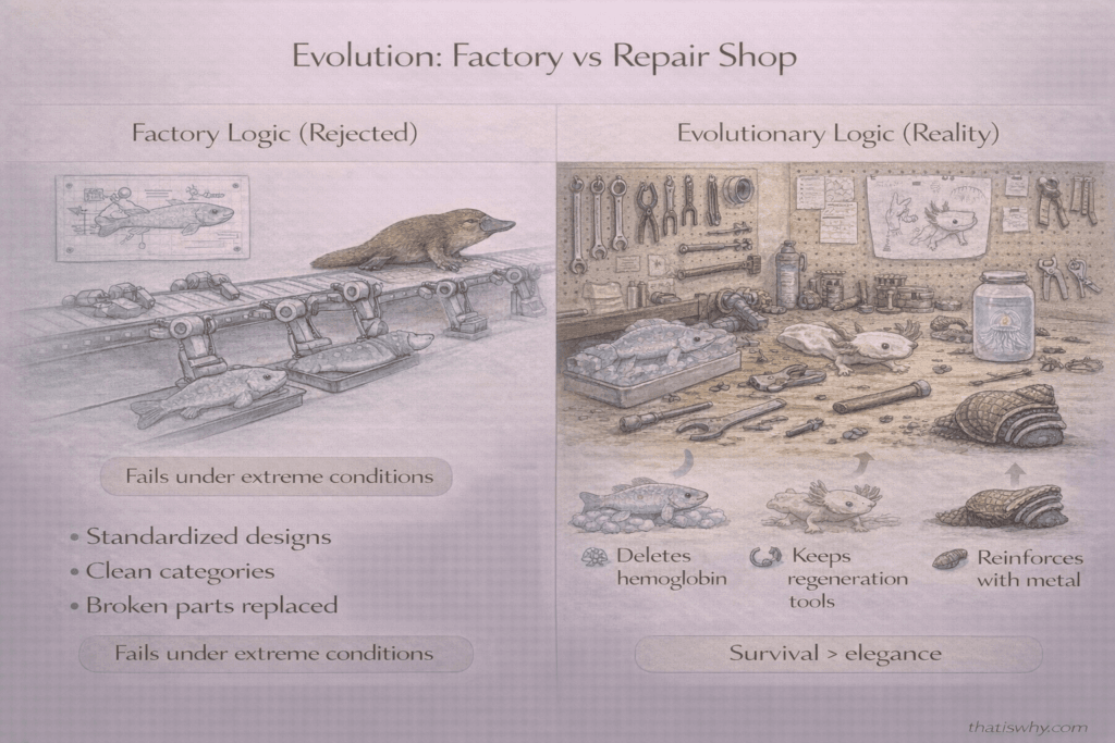 Diagram comparing evolution as a repair shop versus a factory
