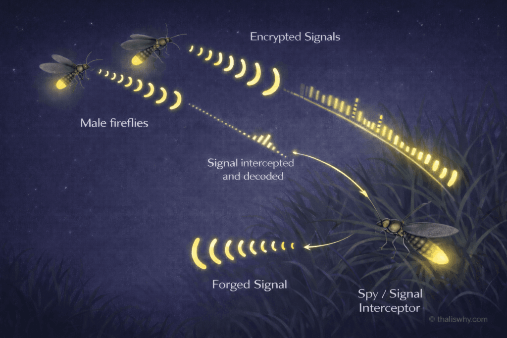 Diagram illustrating how female fireflies intercept and fake mating signals