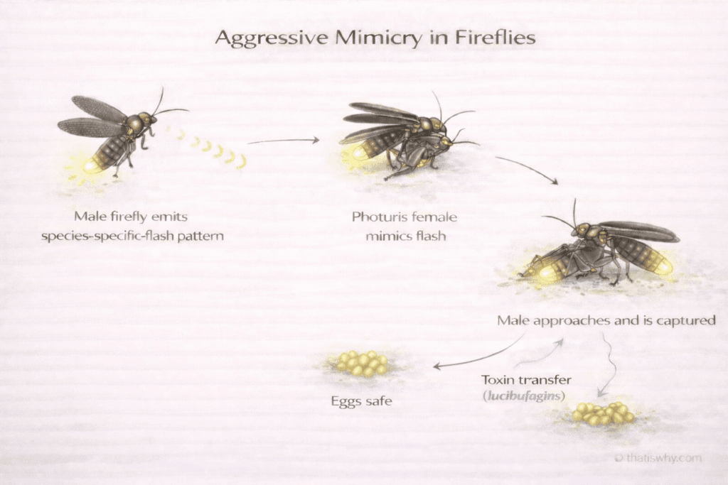 Diagram showing how female Photuris fireflies mimic mating signals to capture males