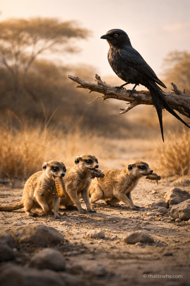 Fork-tailed drongo watching meerkats from above in the savanna, illustrating deceptive alarm-call behavior used to steal food