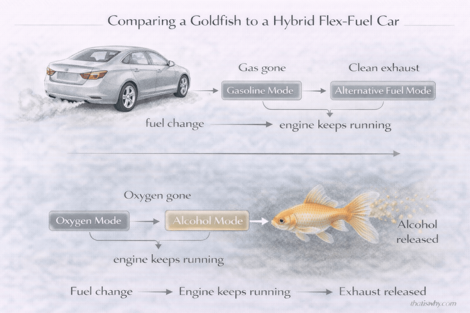 Analogy diagram comparing a goldfish surviving without oxygen to a hybrid car switching fuel types