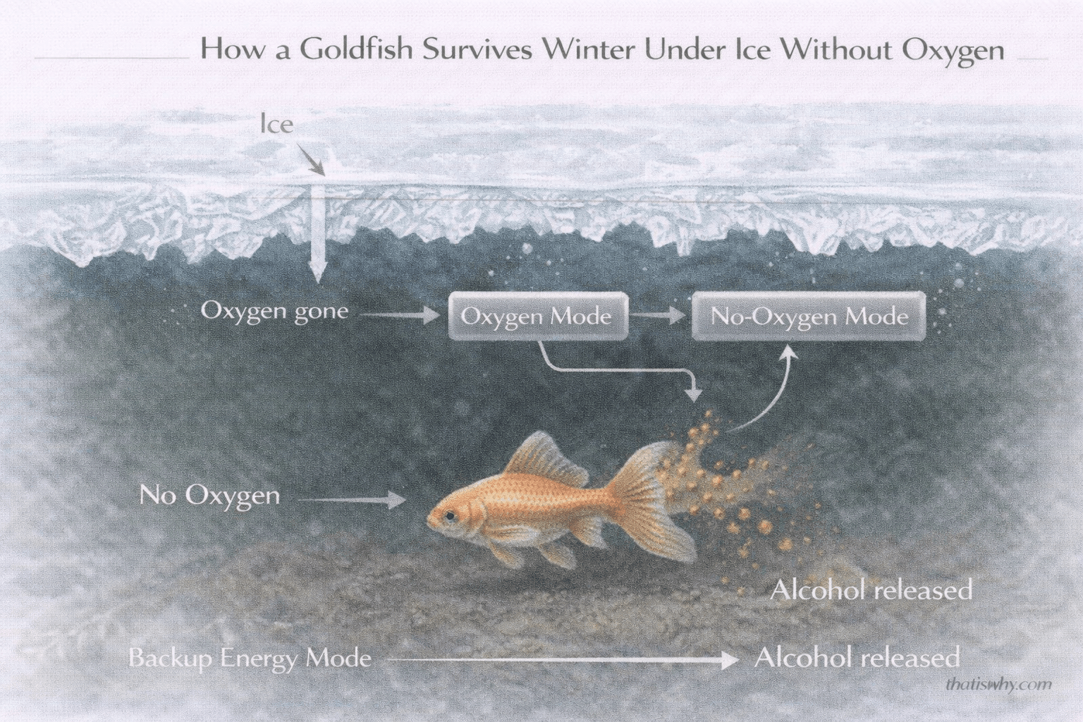 Diagram showing how a goldfish survives under ice by switching to an oxygen-free energy system and releasing alcohol