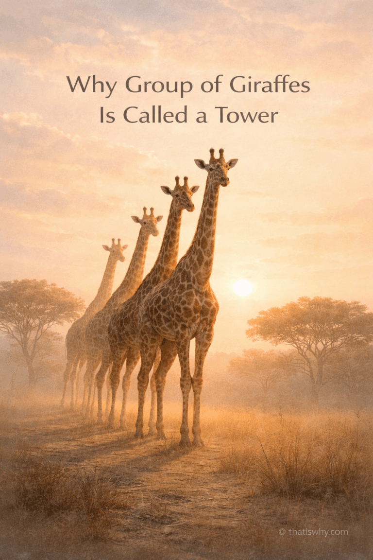 A group of giraffes standing together, illustrating why the collective noun “tower” is used.