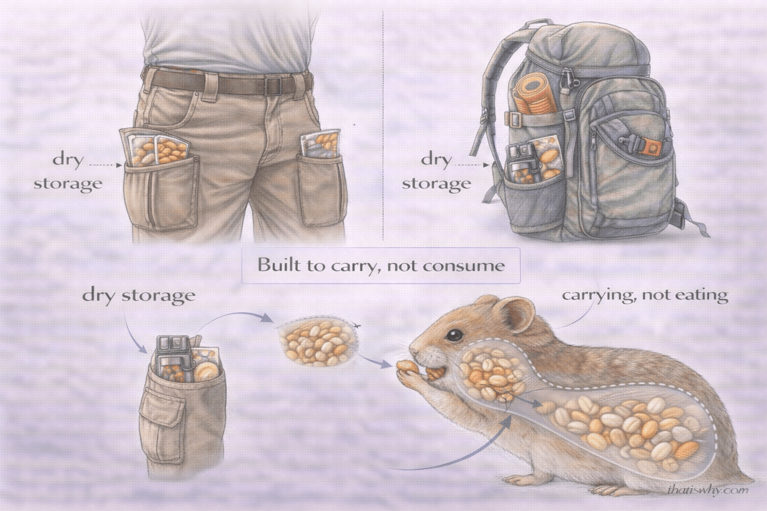 Analogy diagram comparing hamster cheek pouches to cargo pants or a backpack used for carrying supplies