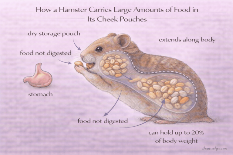 Diagram showing how a hamster stores food in expandable cheek pouches instead of swallowing it