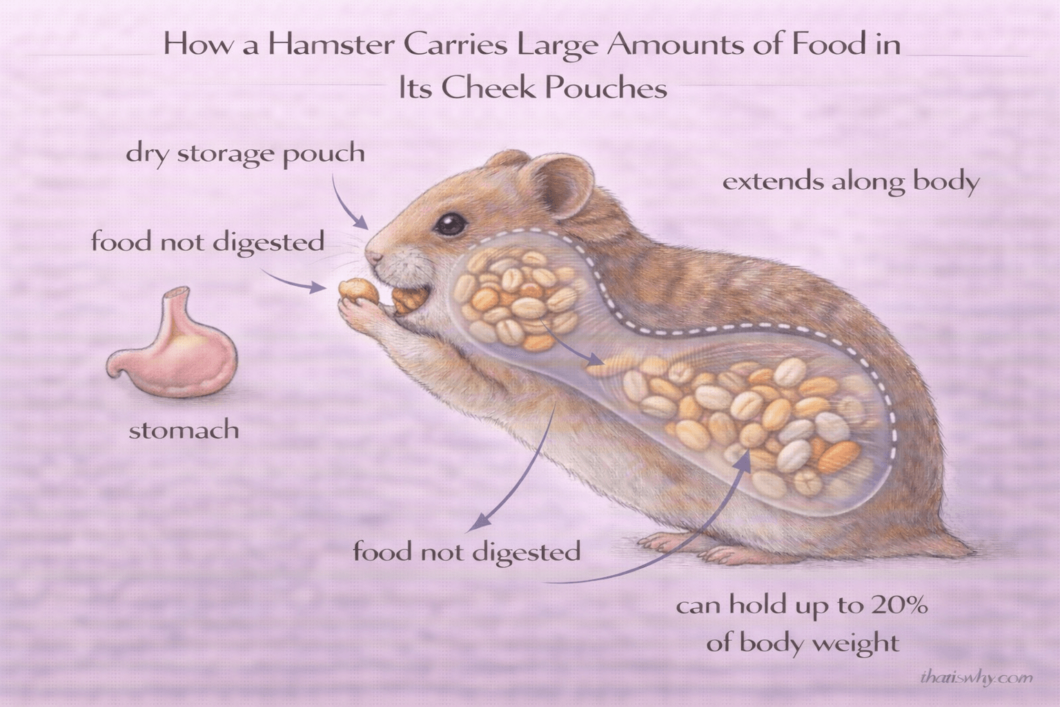 Diagram showing how a hamster stores food in expandable cheek pouches instead of swallowing it