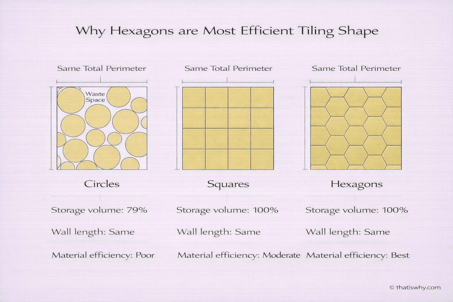Comparison of hexagons, squares, and circles showing material efficiency
