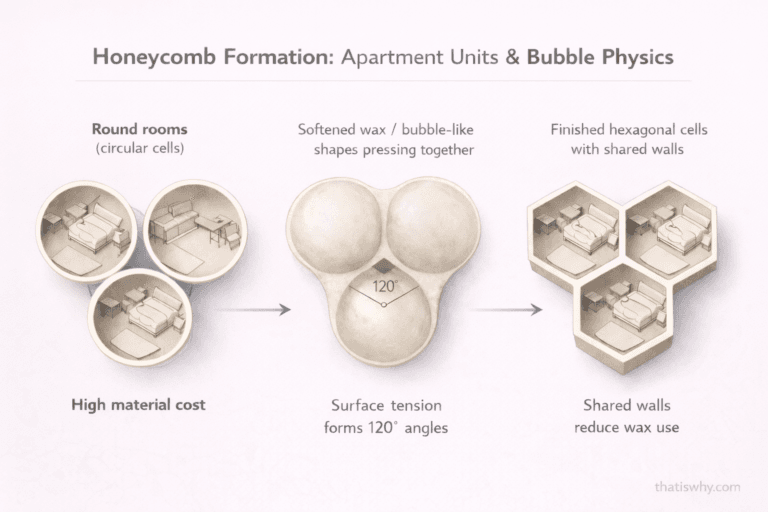Diagram showing how circular wax cells transform into hexagons