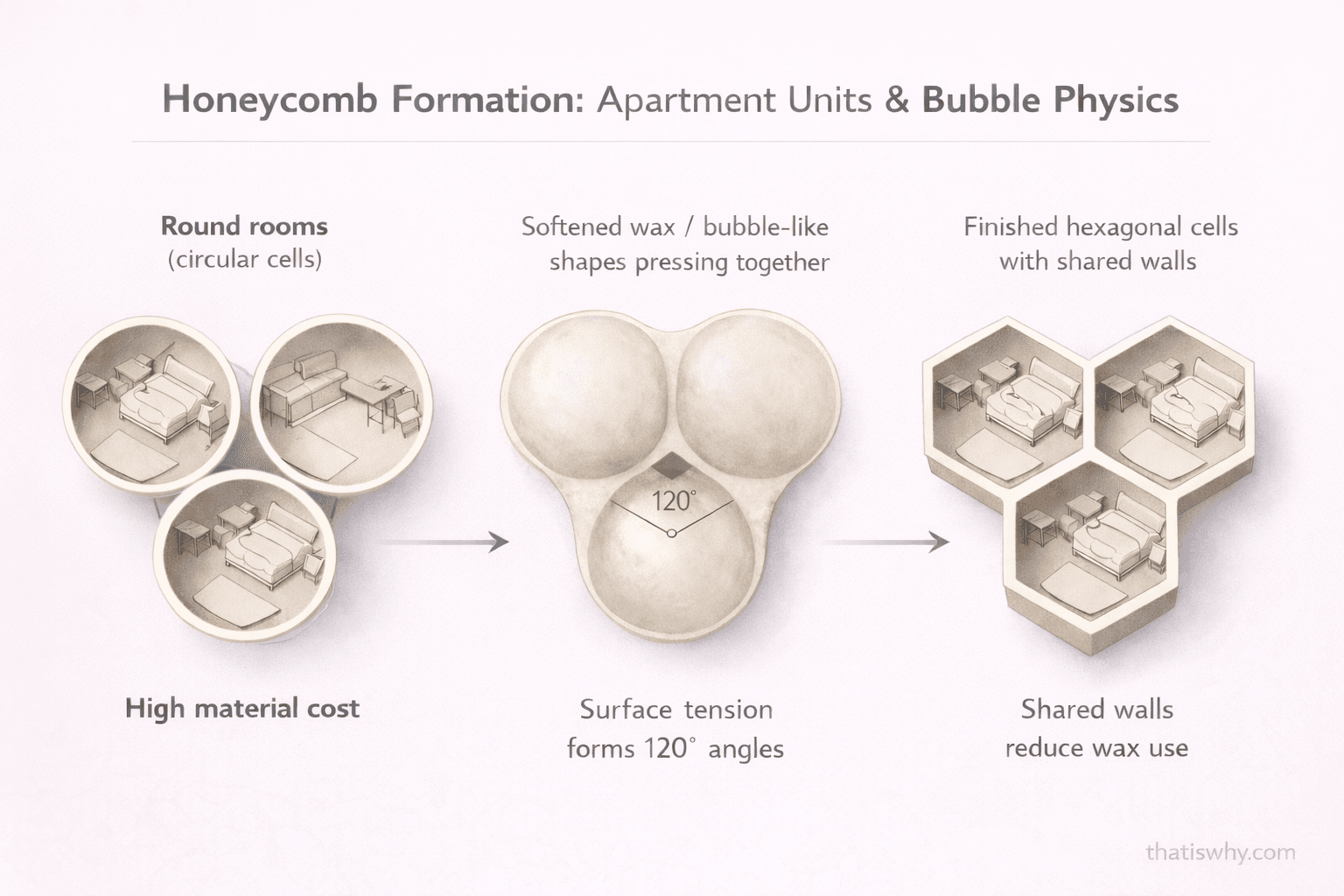 Diagram showing how circular wax cells transform into hexagons