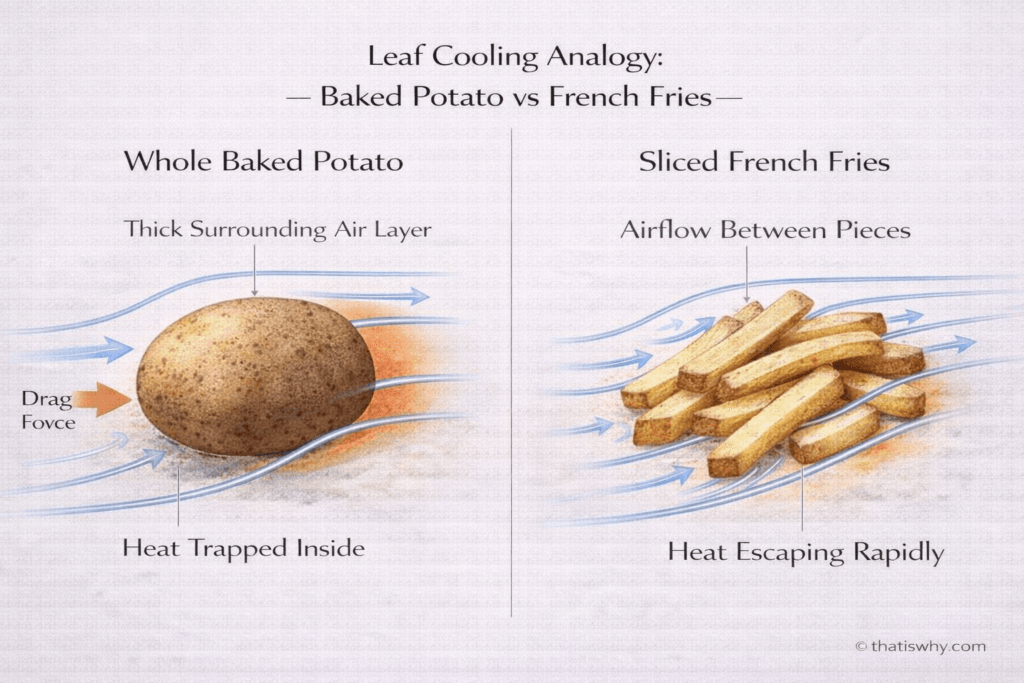 Analogy diagram showing baked potato versus fries to explain how leaf shape cools plants