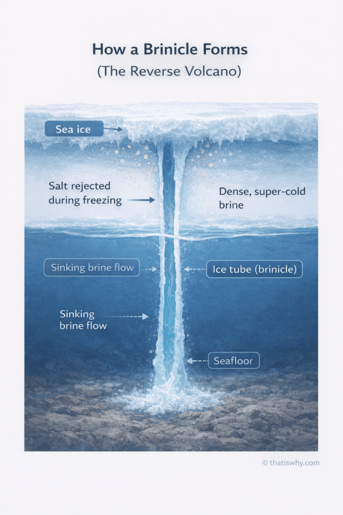Diagram showing how sinking super-cold salty water forms a brinicle beneath sea ice.