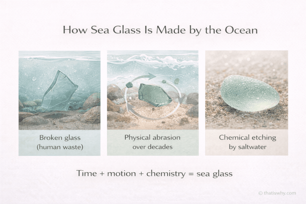 Diagram showing how ocean waves and saltwater transform broken glass into sea glass over time.