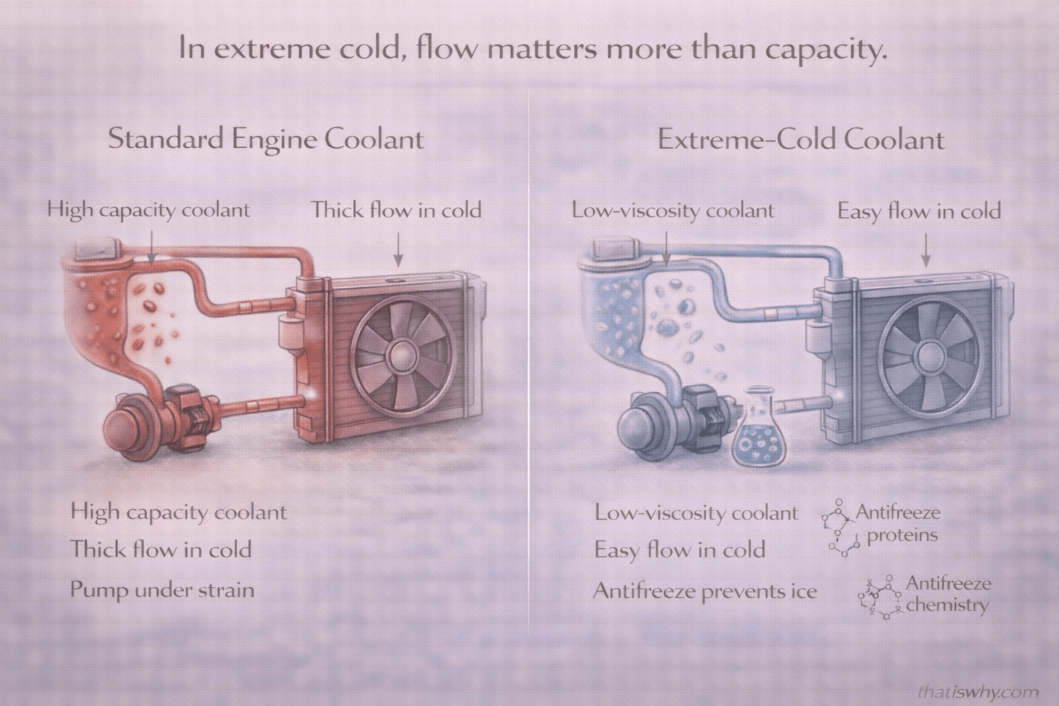 Analogy diagram comparing Antarctic icefish blood to a cold-weather engine coolant system
