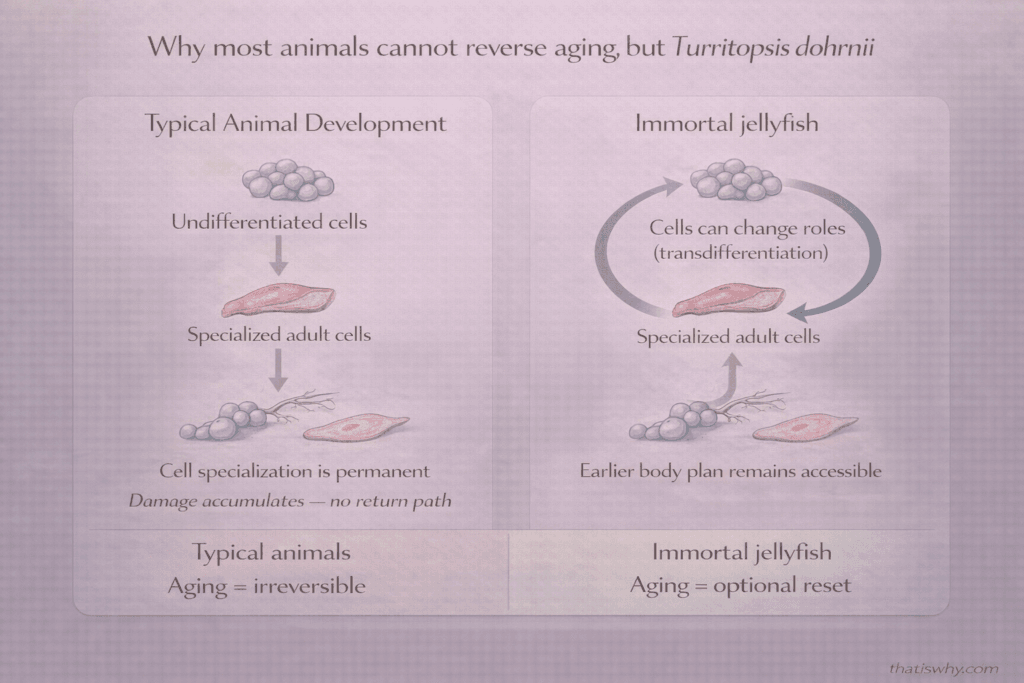 Comparison showing permanent cell specialization in animals versus reversible cells in the immortal jellyfish