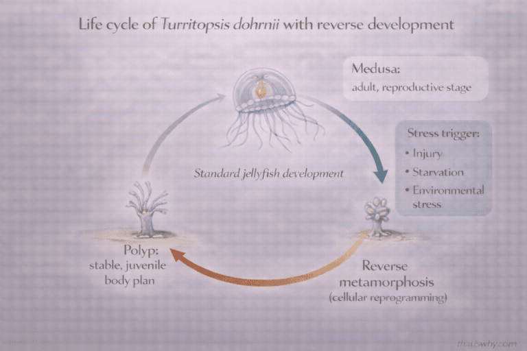 Diagram showing the immortal jellyfish reverting from adult medusa back to polyp