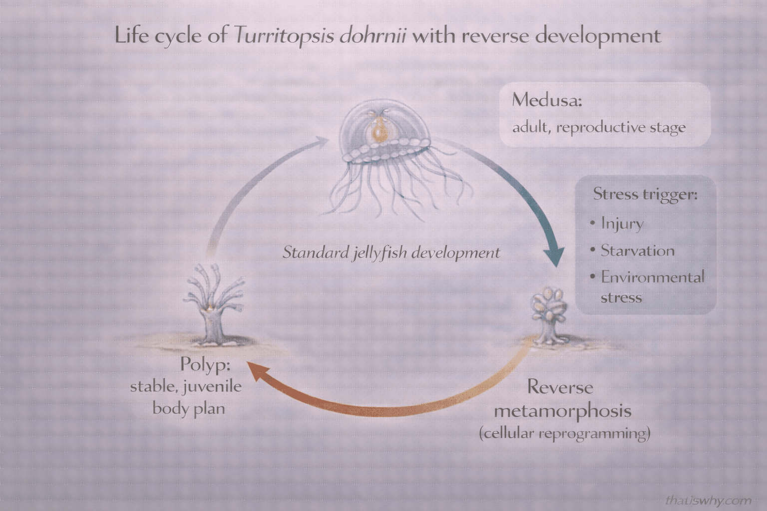 Diagram showing the immortal jellyfish reverting from adult medusa back to polyp