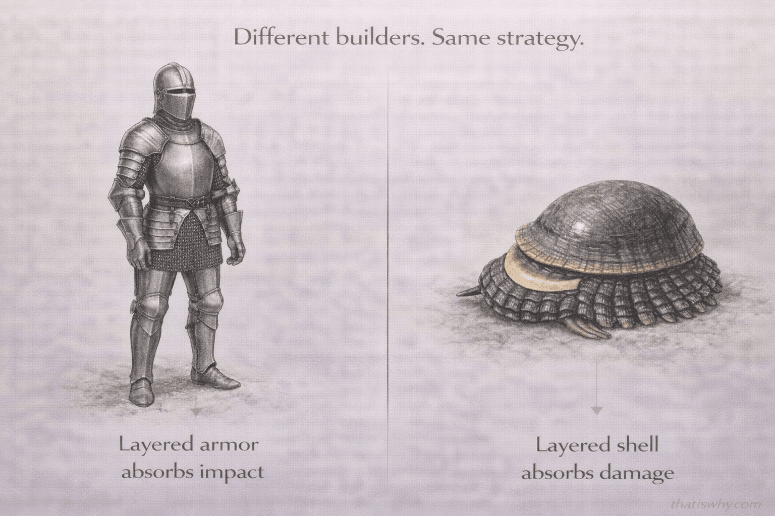 Analogy diagram comparing a metal-armored knight to the iron-armored scaly-foot snail