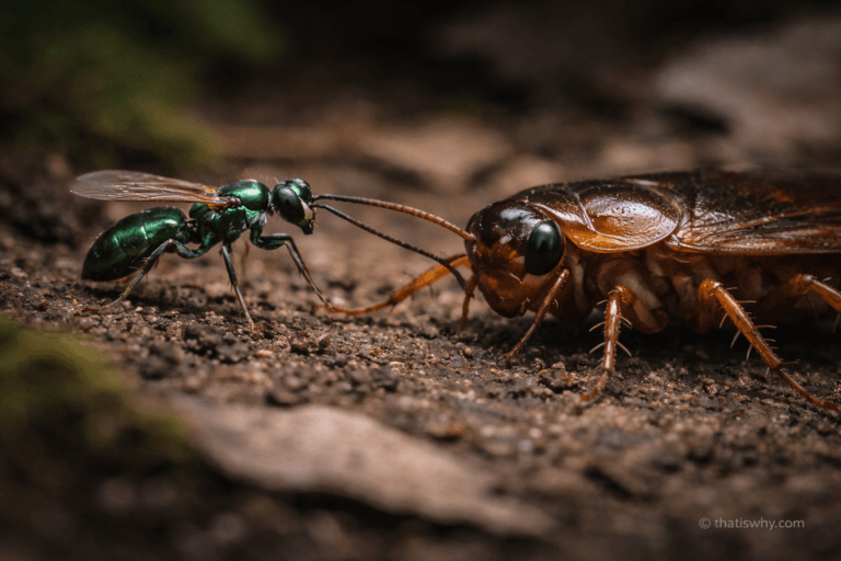Emerald jewel wasp leading a cockroach after injecting venom that removes the insect’s motivation to escape