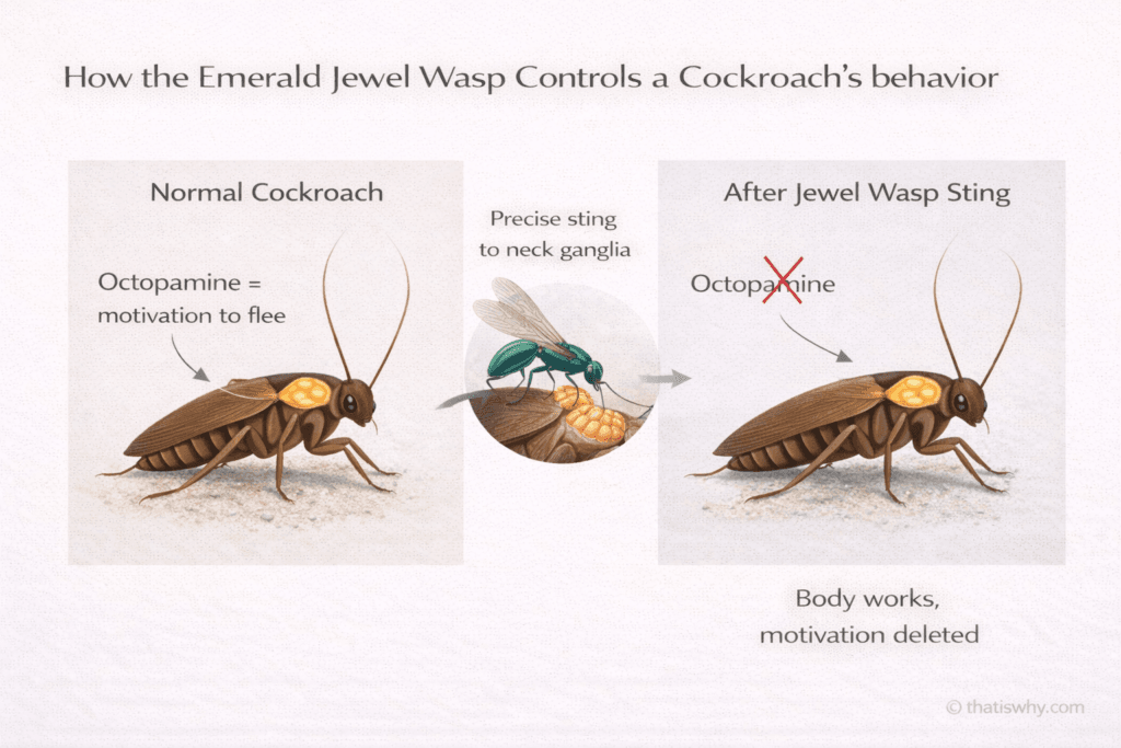 Diagram showing how the emerald jewel wasp injects venom into a cockroach’s brain to remove motivation without causing paralysis