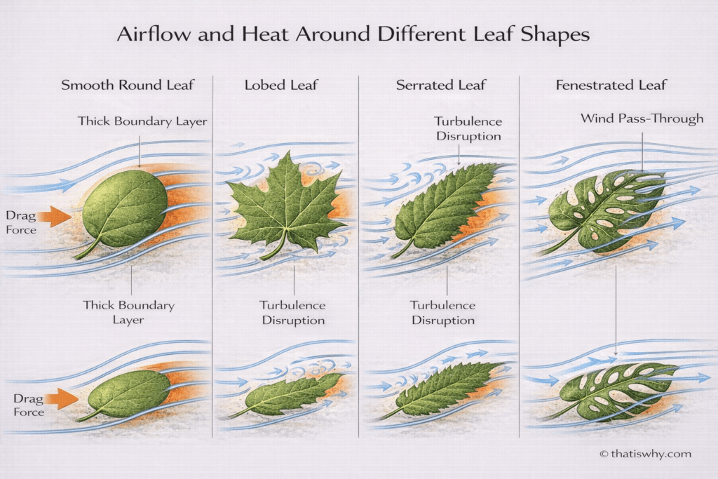 Diagram showing how different leaf shapes disrupt boundary layers and reduce heat and wind drag