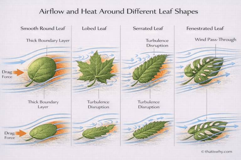 Diagram showing how different leaf shapes disrupt boundary layers and reduce heat and wind drag