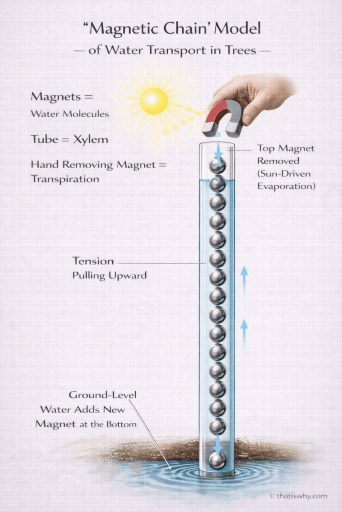 Analogy diagram showing magnetic chain pulling upward to explain tree water transport