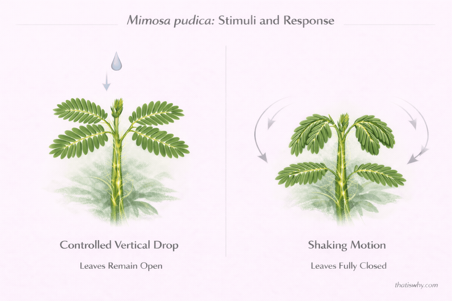 Diagram comparing Mimosa pudica response to safe drops versus dangerous shaking