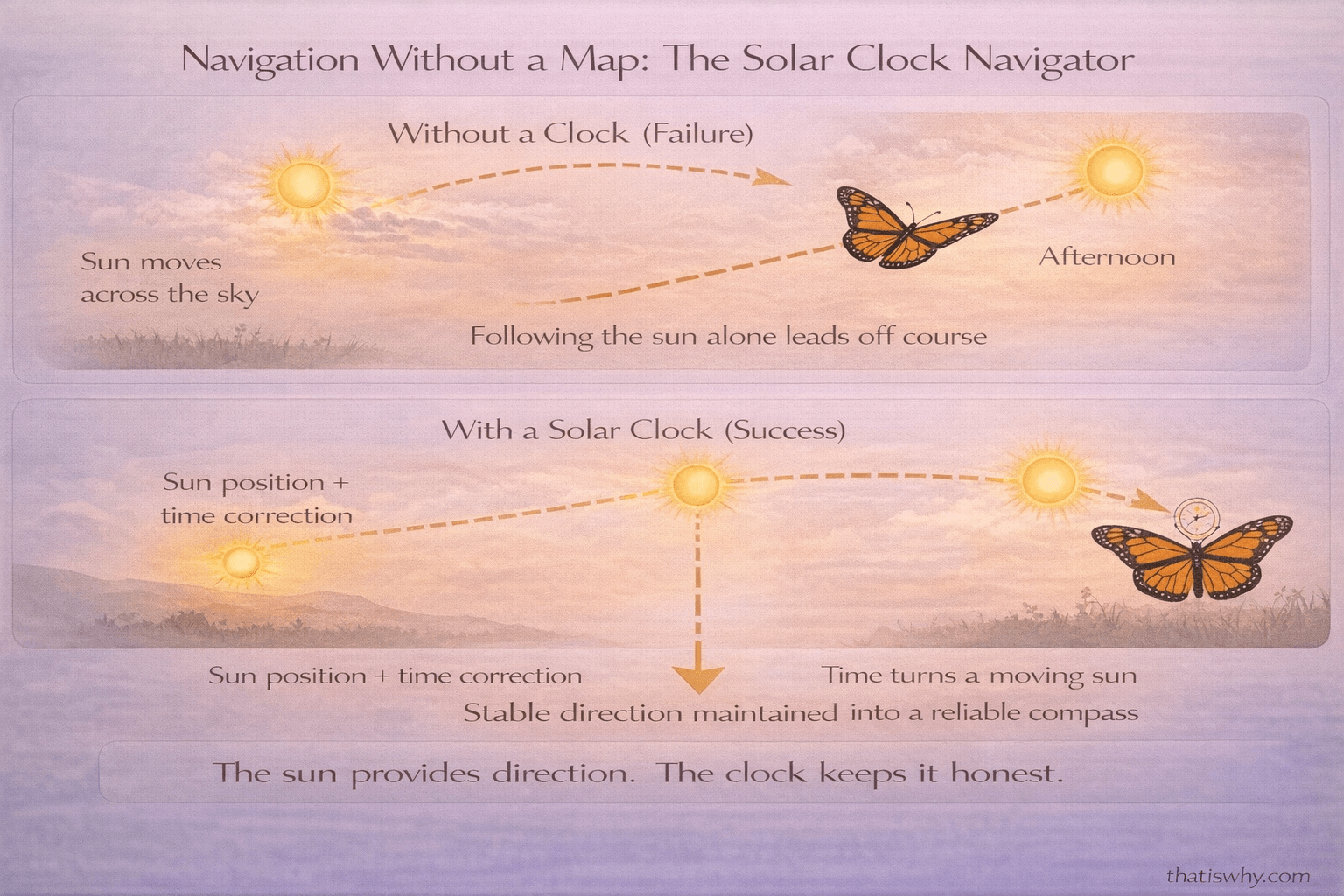 Analogy diagram showing monarch butterflies using the sun and an internal clock to navigate