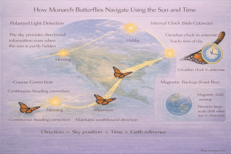 Scientific diagram showing how monarch butterflies use the sun, internal clocks, and Earth’s magnetic field to migrate
