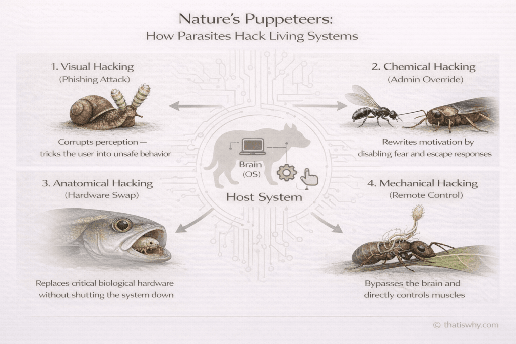 Diagram showing how parasites hack animal behavior by visual, chemical, anatomical, and mechanical control