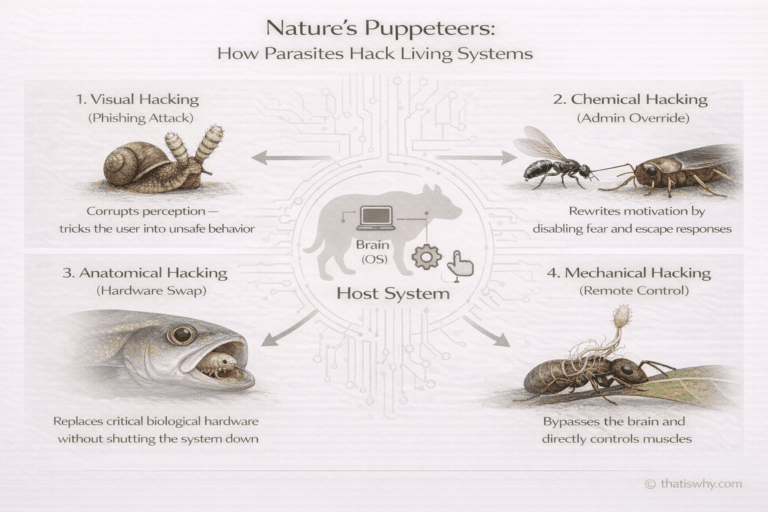 Diagram showing how parasites hack animal behavior by visual, chemical, anatomical, and mechanical control