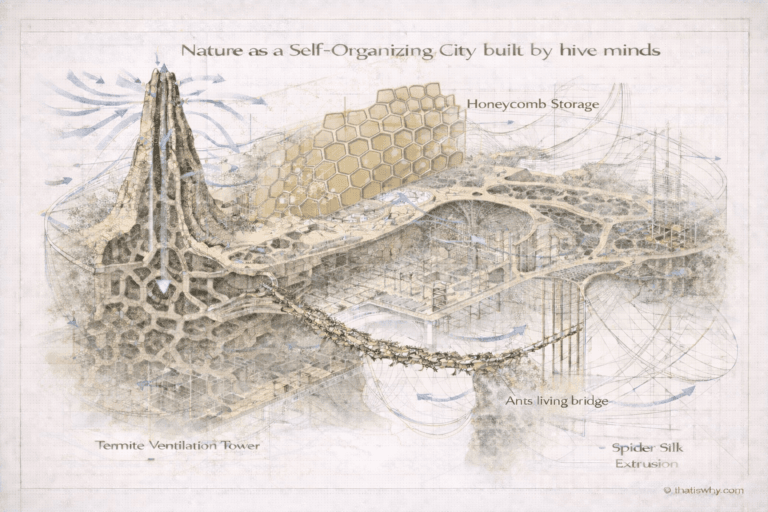 Illustration showing nature as a self-organizing city, where termites, bees, ants, and spiders function as hive-mind engineers building ventilation systems, bridges, storage structures, and high-performance materials without central control