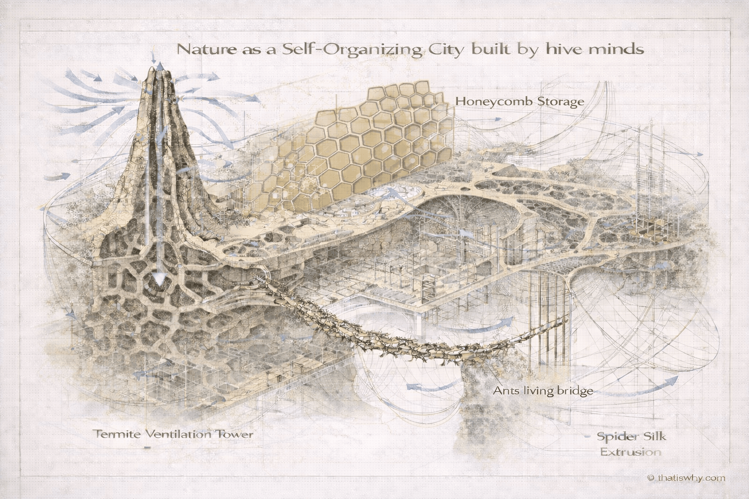 Illustration showing nature as a self-organizing city, where termites, bees, ants, and spiders function as hive-mind engineers building ventilation systems, bridges, storage structures, and high-performance materials without central control