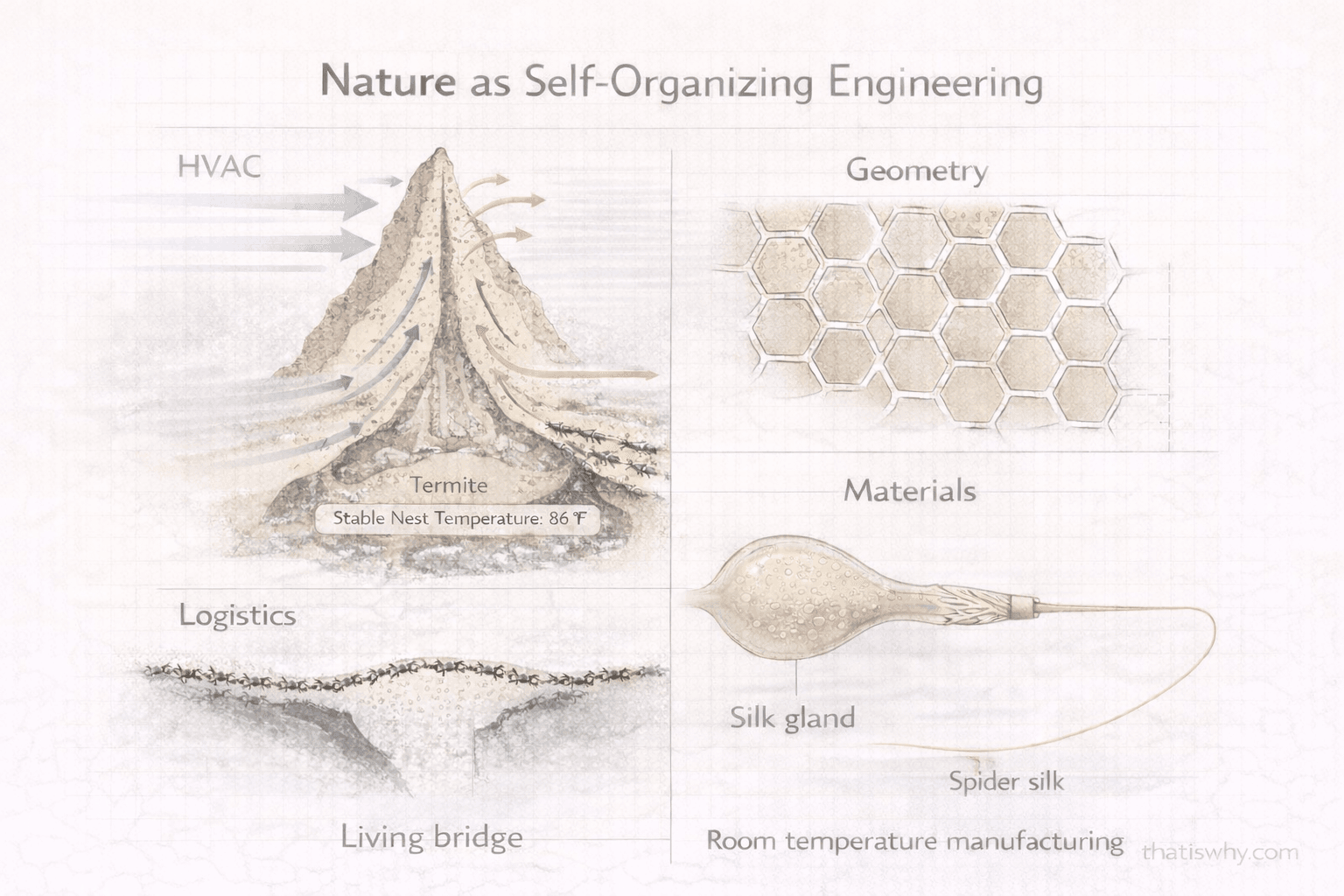 Diagram showing termite mounds, honeycombs, ant bridges, and spider silk as natural engineering systems