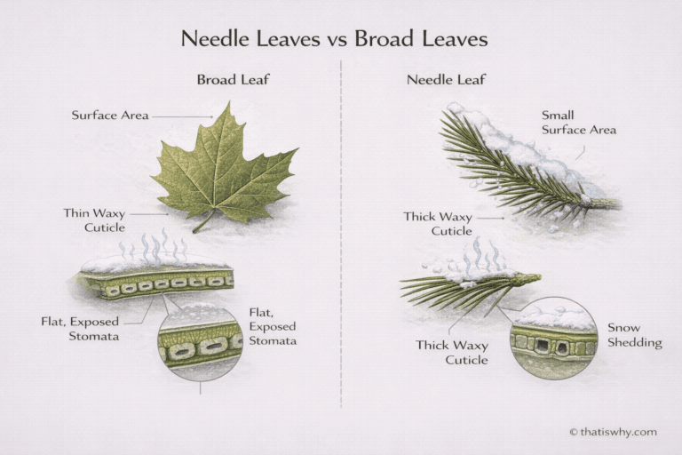 Diagram comparing pine needles and broad leaves showing differences in surface area, water loss, and snow load