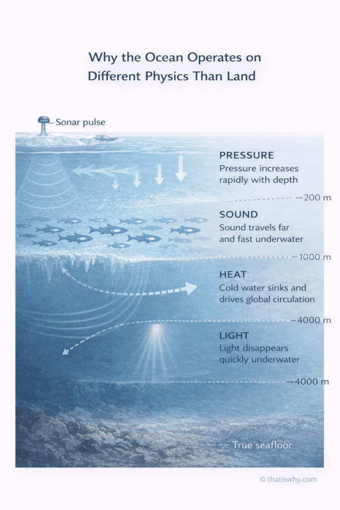 Diagram showing how pressure, sound, heat, and light behave differently in the deep ocean compared to land.