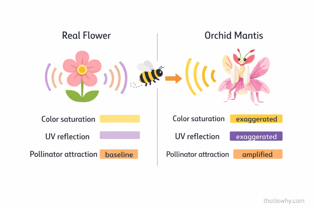 Diagram comparing a real flower and an orchid mantis, showing how the mantis exaggerates color, UV reflection, and attraction signals to deceive pollinating insects