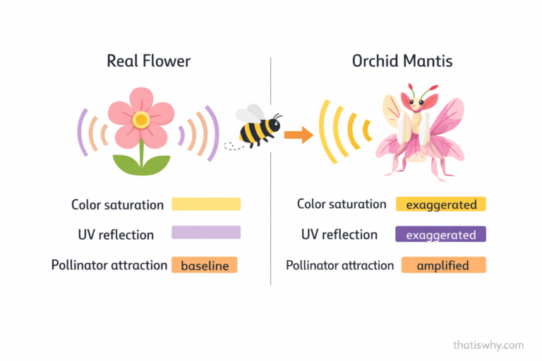 Diagram comparing a real flower and an orchid mantis, showing how the mantis exaggerates color, UV reflection, and attraction signals to deceive pollinating insects