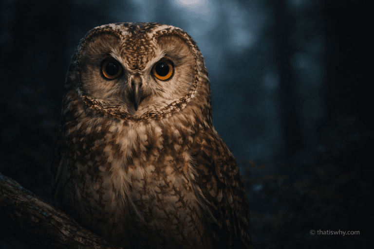 Owl staring forward at night, symbolizing why a group of owls is called a parliament.