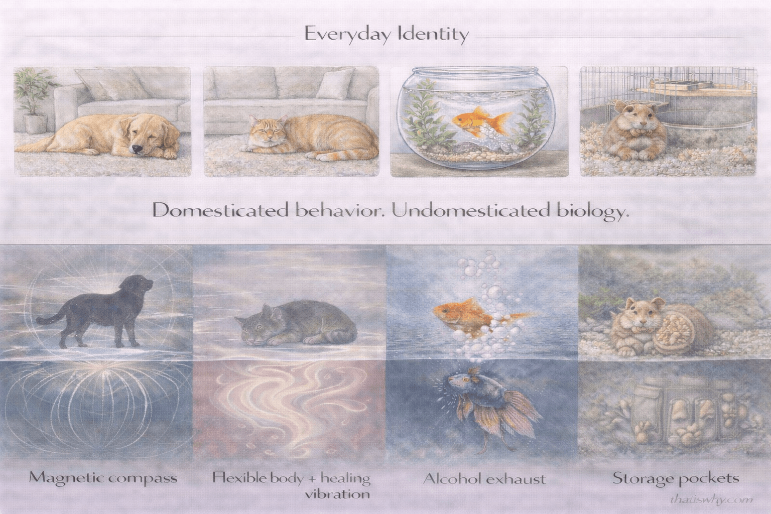 Analogy diagram showing household pets with hidden biological superpowers beneath normal behavior