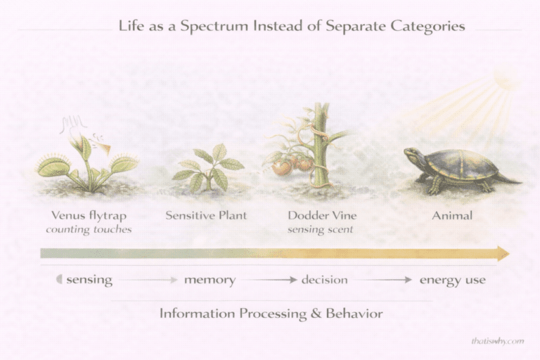 Diagram showing plants, animals, fungi, and slime molds arranged on a spectrum of intelligence and behavior