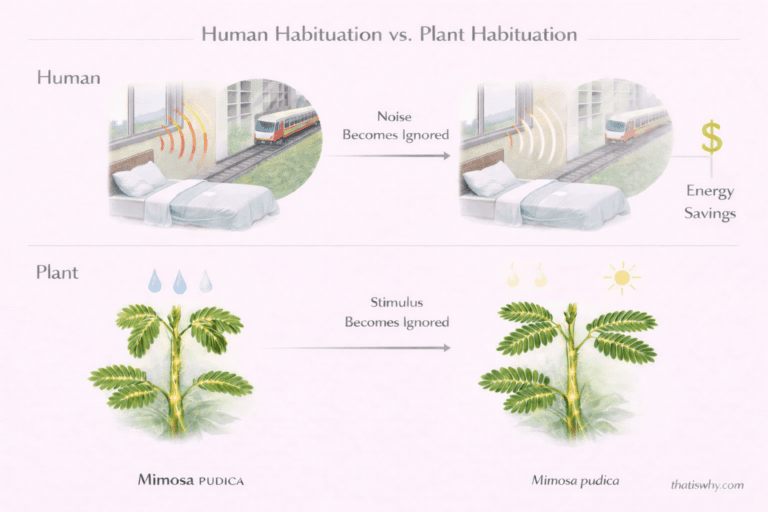 Analogy diagram comparing human habituation to train noise with Mimosa pudica learning to ignore harmless drops