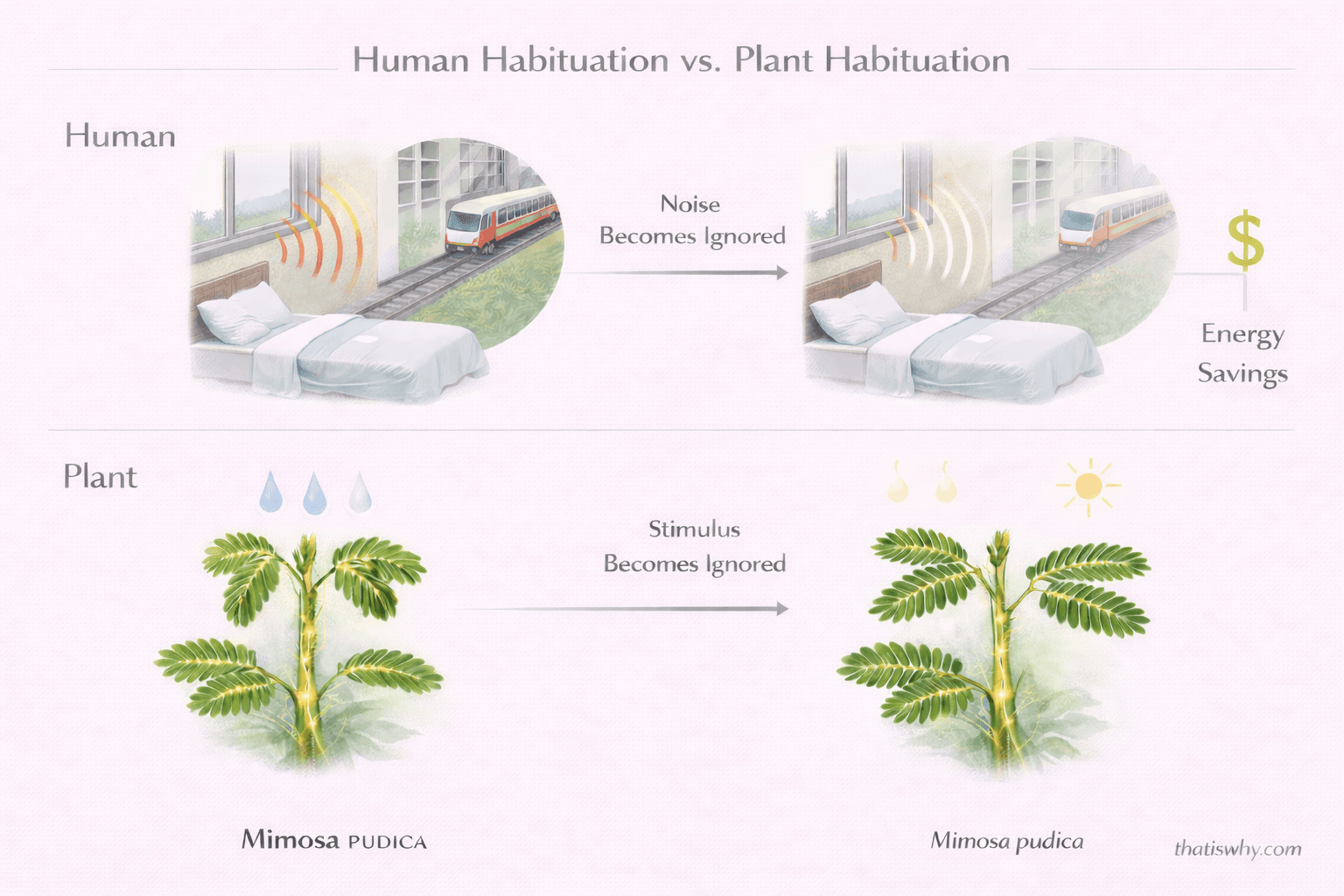 Analogy diagram comparing human habituation to train noise with Mimosa pudica learning to ignore harmless drops