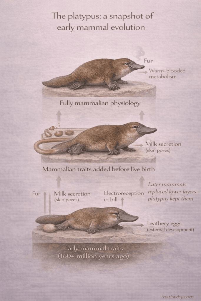 Diagram showing platypus traits layered from reptile-like to mammalian features