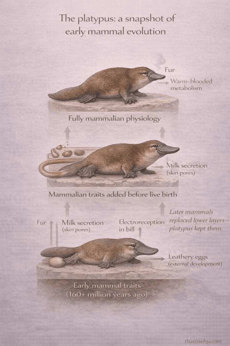 Diagram showing platypus traits layered from reptile-like to mammalian features