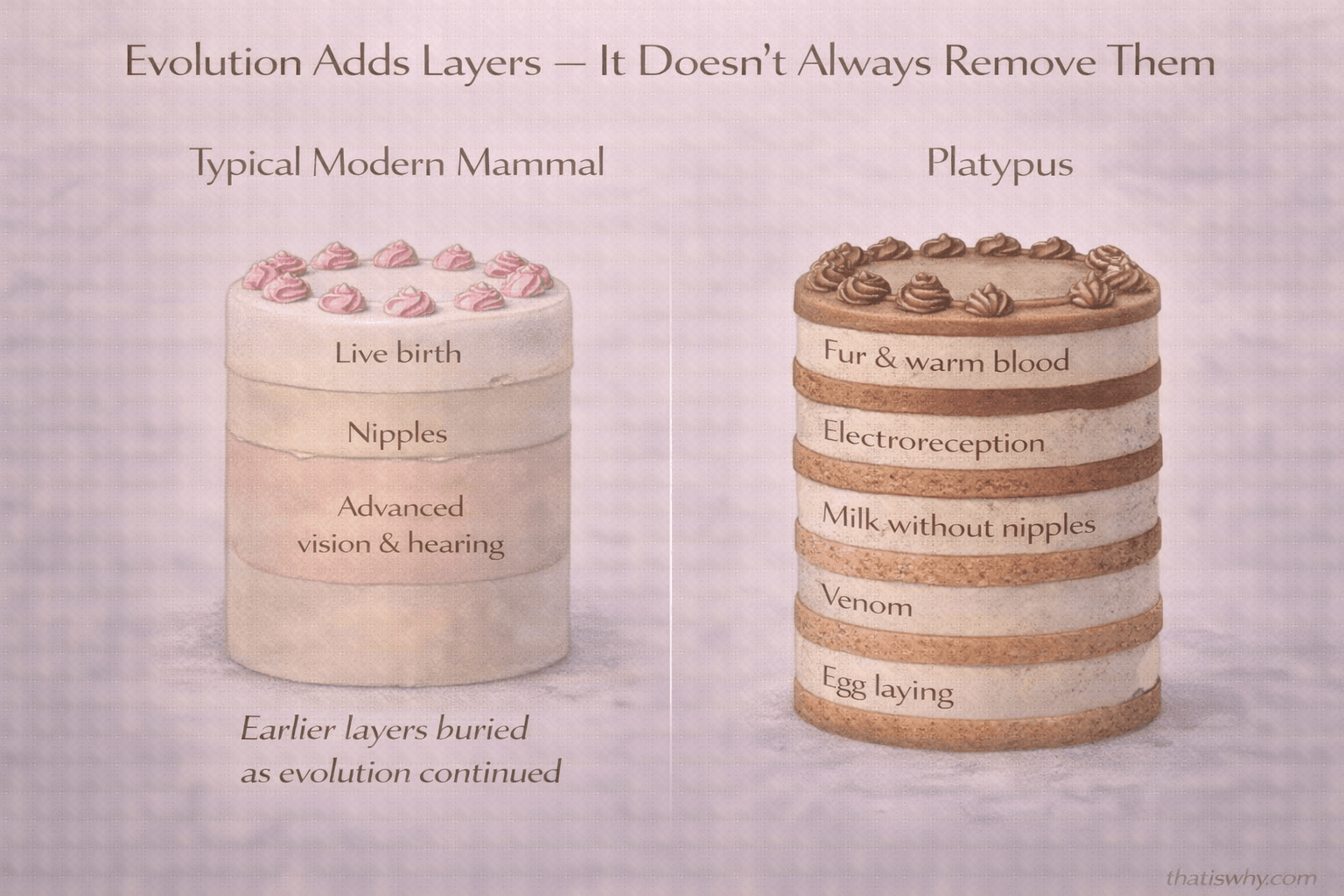Analogy diagram showing evolution as a layered cake, with the platypus retaining early layers