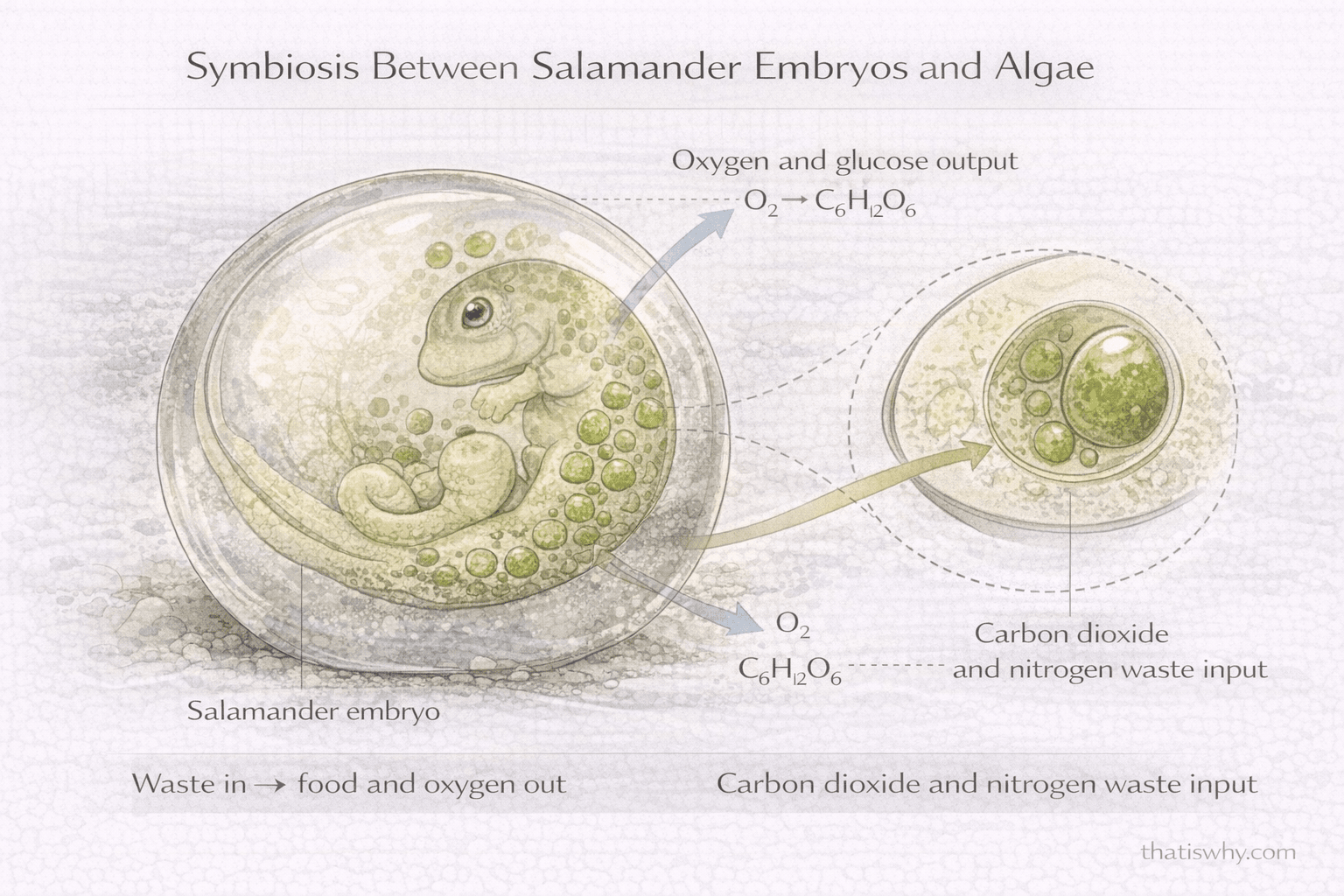 Diagram showing algae living inside salamander embryo cells