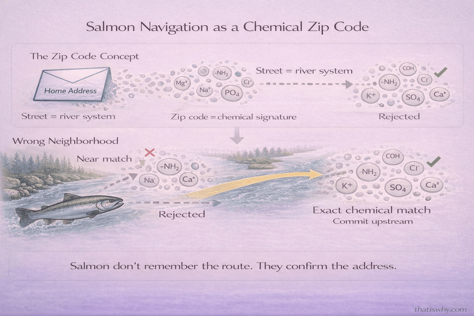 Analogy diagram comparing salmon navigation to following a chemical zip code in rivers