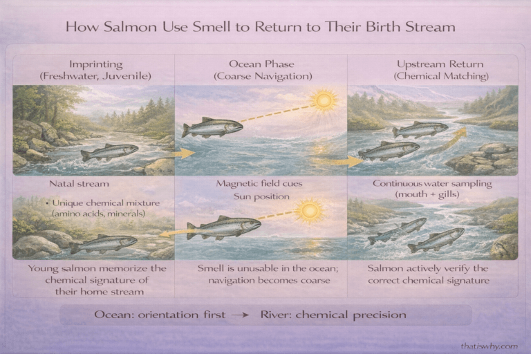 Scientific diagram showing how salmon use smell, magnetic cues, and rivers to return to their natal streams