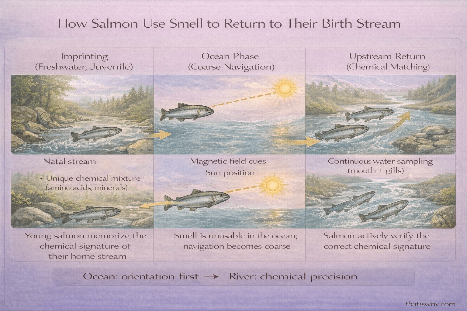 Scientific diagram showing how salmon use smell, magnetic cues, and rivers to return to their natal streams